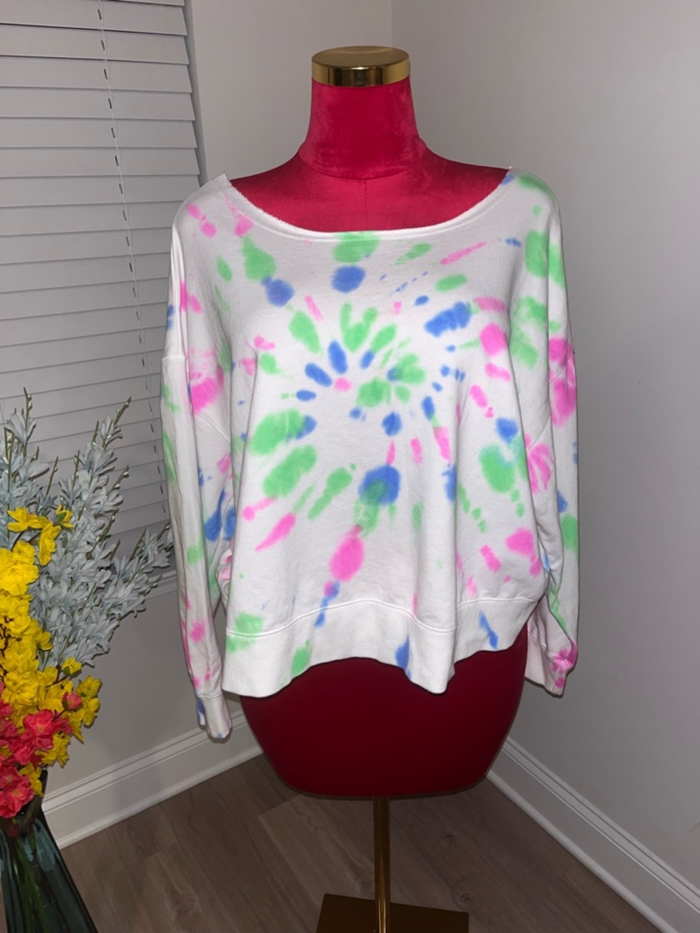 Jenni White Tie-Dye Pullover with Pink, Green & Blue Accents